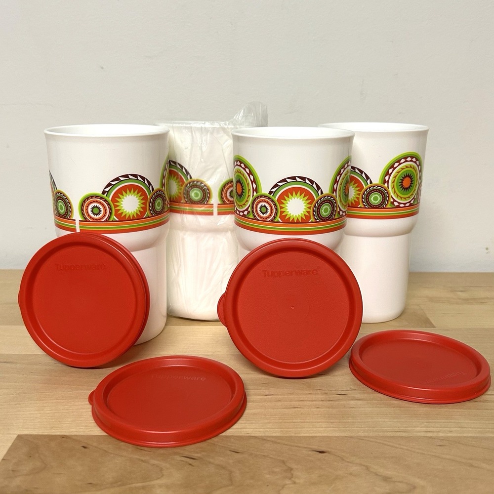 Tupperware Stacking Tumblers Set of 4 Red Lids Modern Retro Kids Cups 12oz NEW